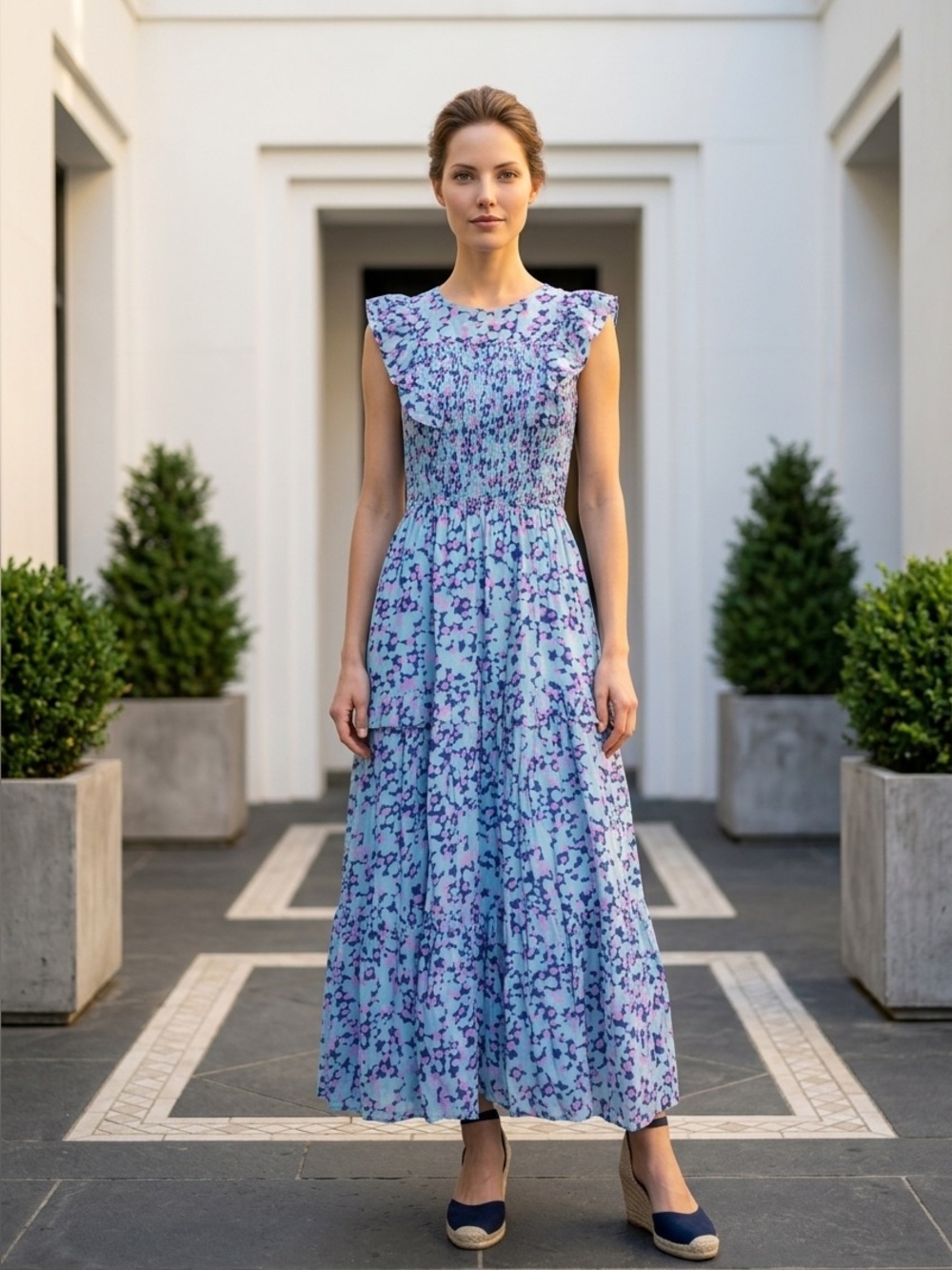 Banjanan Light Blue Maxi Dress with Purple & Pink Floral Print